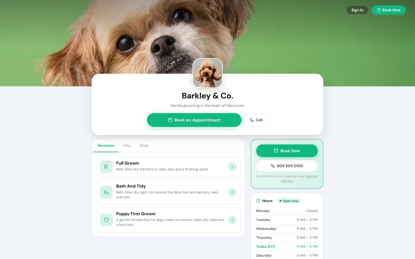 A grooming salon's Woof booking page: the salon's name and photo, a Book an Appointment button, and its services with a short description of each