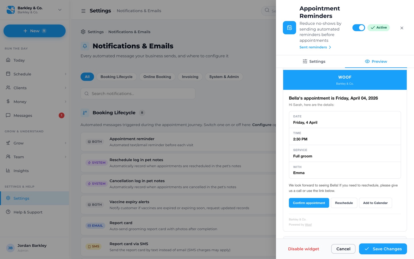 Woof's appointment reminder settings with a preview of the email a client receives: the pet, the date, the time, the service, the groomer and a Confirm appointment button