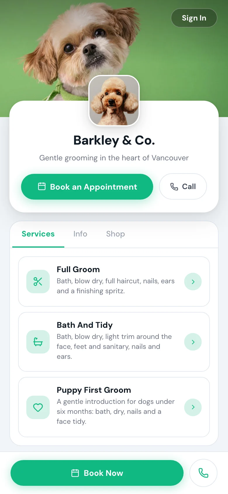 The online booking page on a phone
